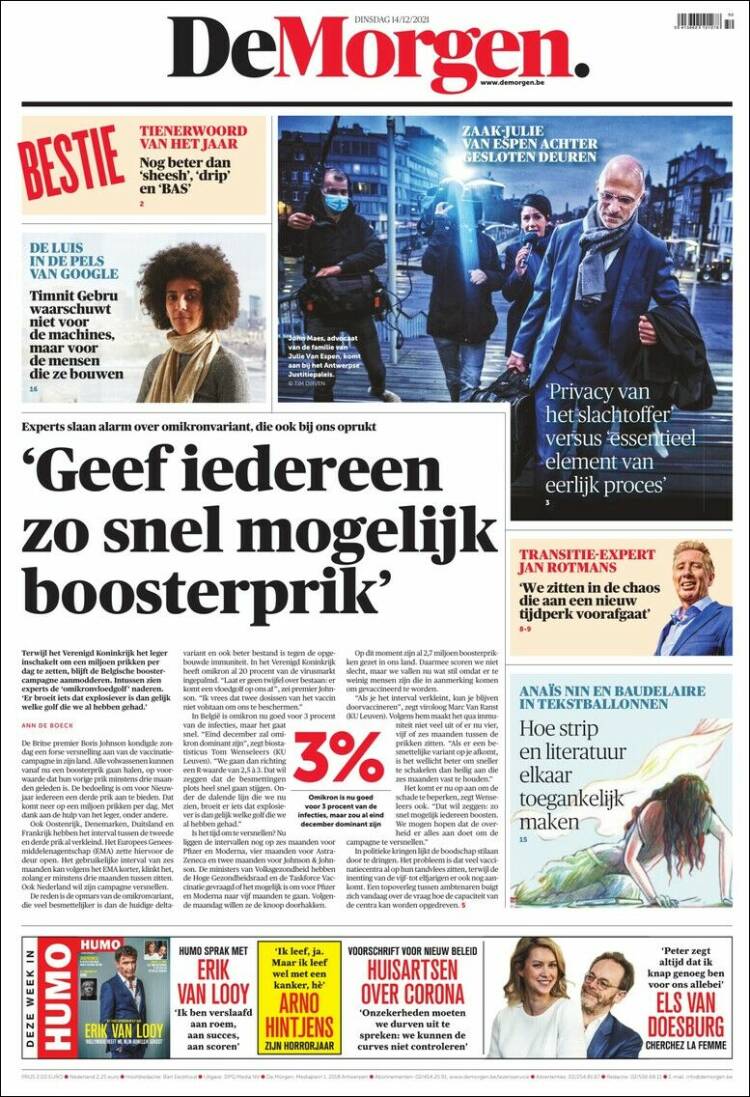 Portada de De Morgen (B&eacute;lgica)