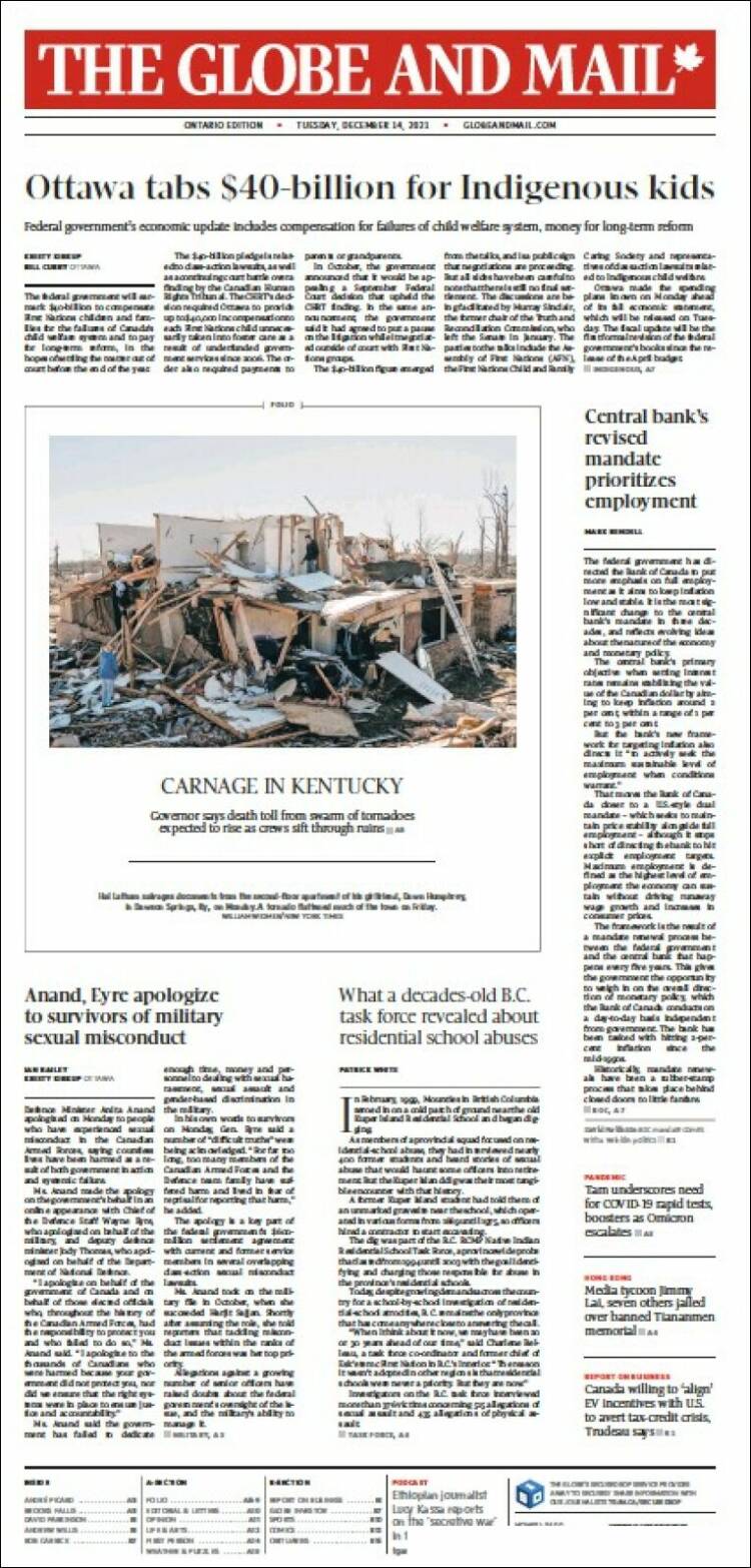 Portada de The Globe and Mail (Canad&aacute;)