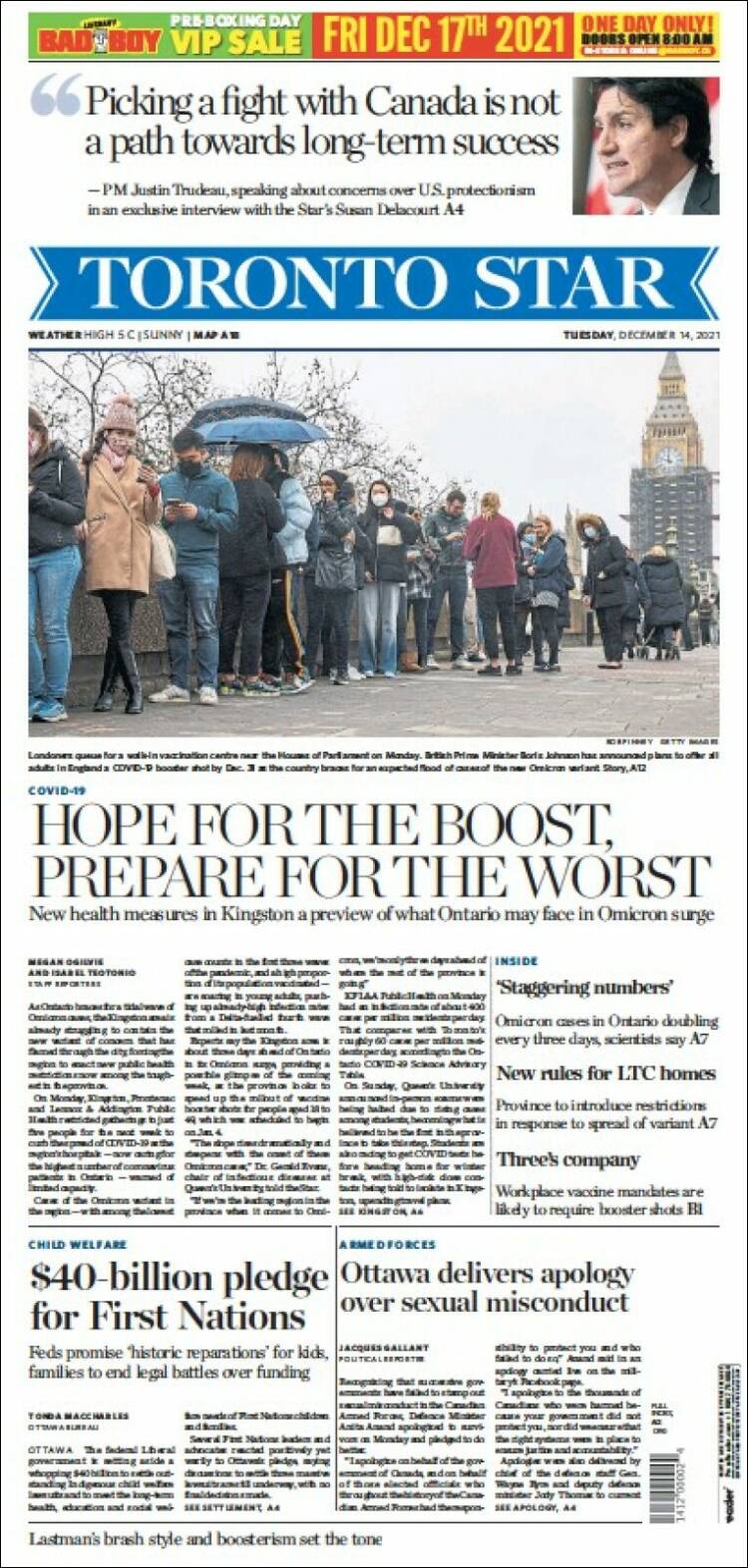 Portada de The Toronto Star (Canad&aacute;)