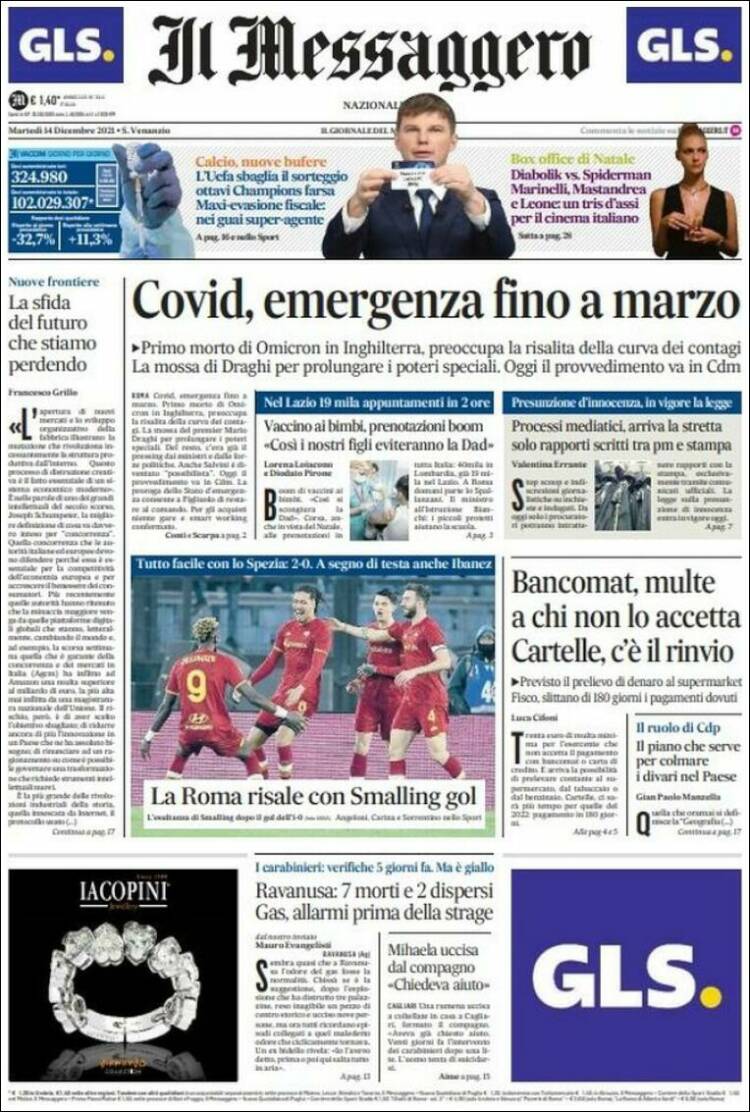 Portada de Il Messaggero (Italia)