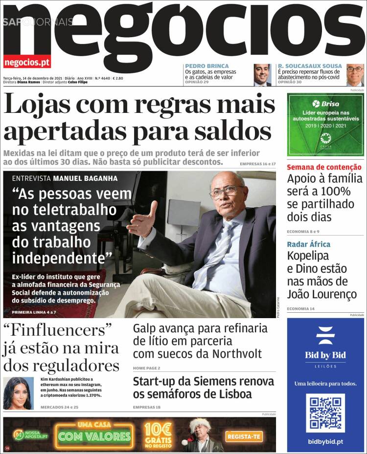 Portada de Jornal de Negócios (Portugal)