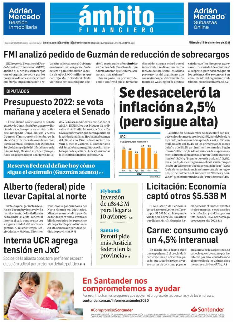 Portada de Diario Ambito Financiero (Argentina)