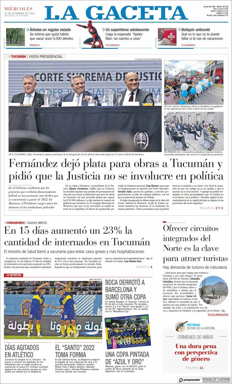 Portada de La Gaceta (Argentina)