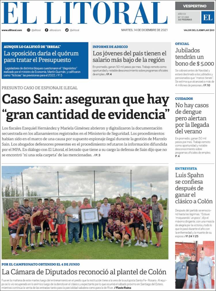 Portada de Diario El Litoral (Argentina)