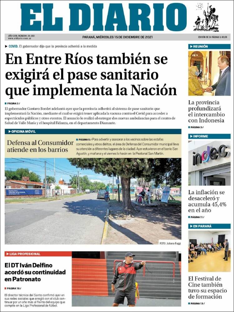 Portada de El Diario de Paraná (Argentina)