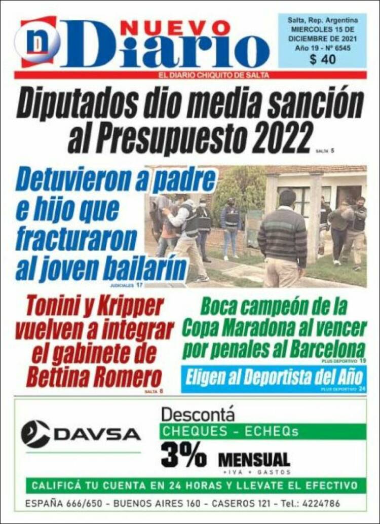 Portada de Nuevo Diario de Salta (Argentina)