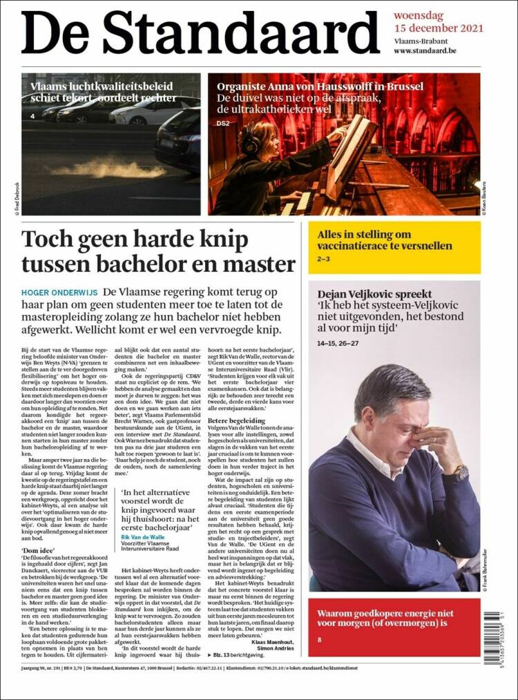 Portada de De Standaard (B&eacute;lgica)
