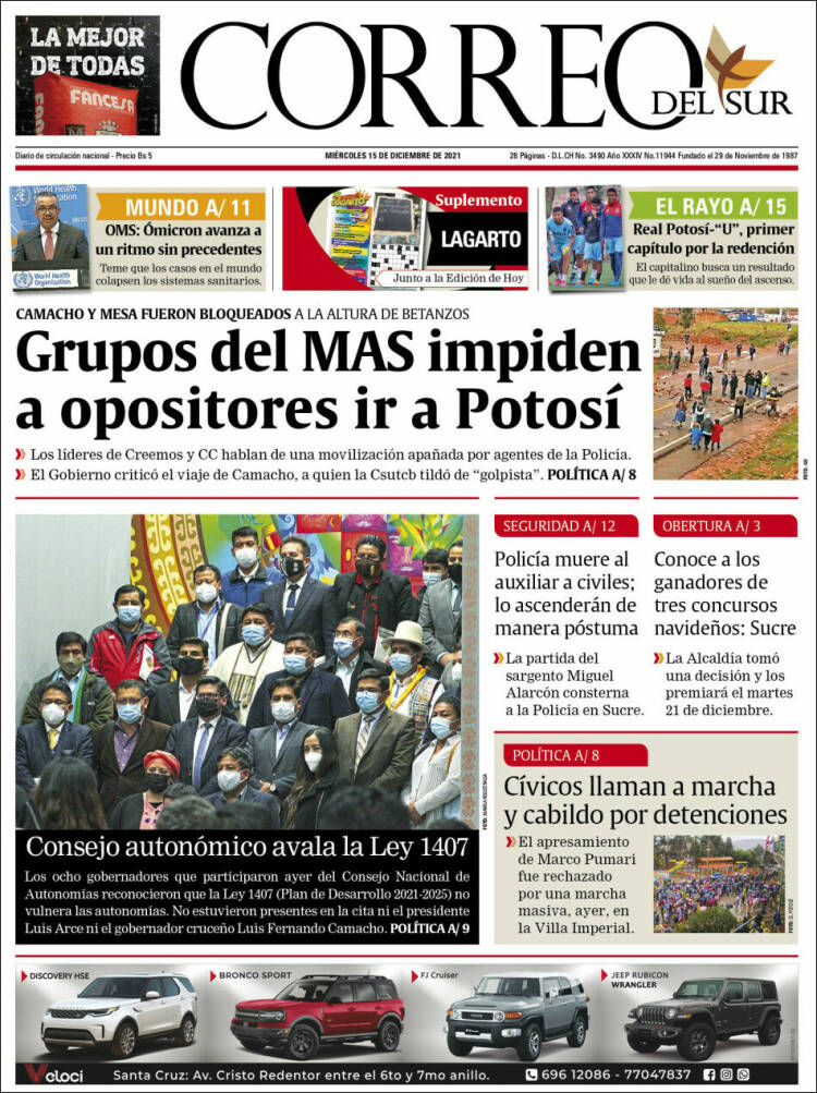 Portada de Correo Sur (Bolivia)