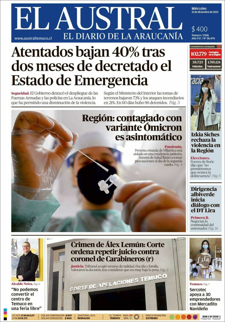 Portada de El Austral de Temuco (Chile)