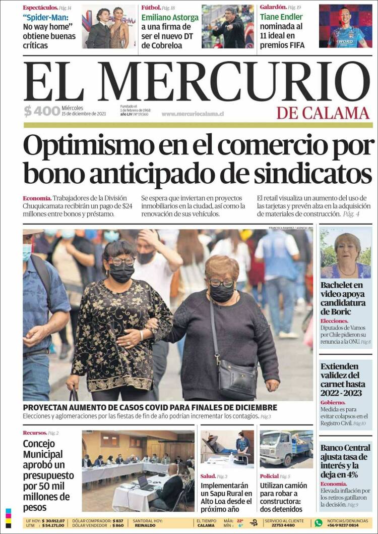 Portada de El Mercurio - Calama (Chili)