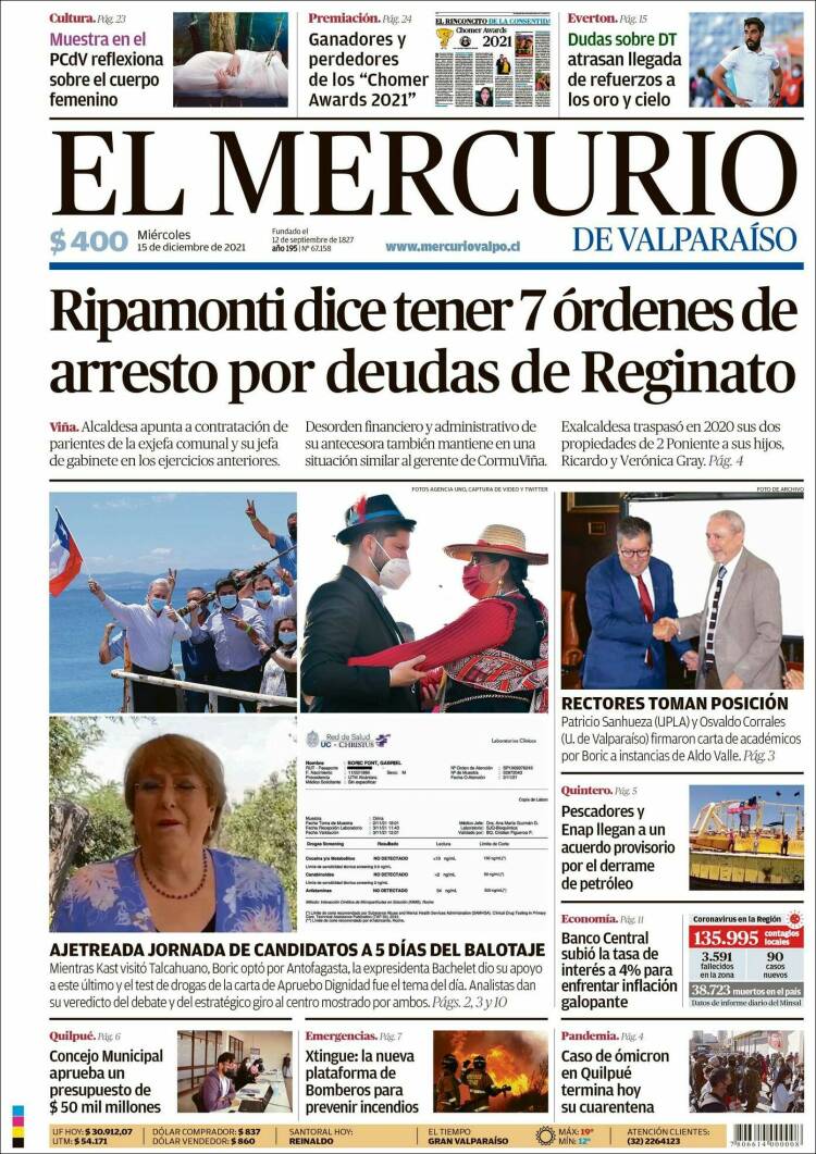 Portada de Mercurio de Valparaiso (Chile)