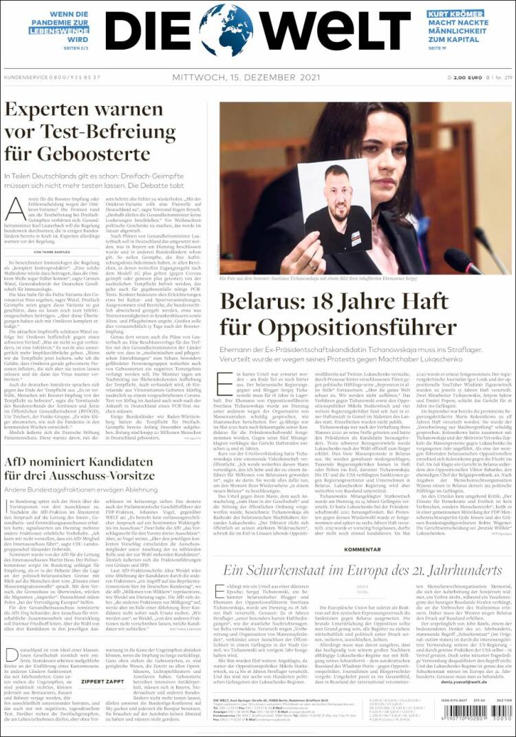 Portada de Die Welt (Alemania)