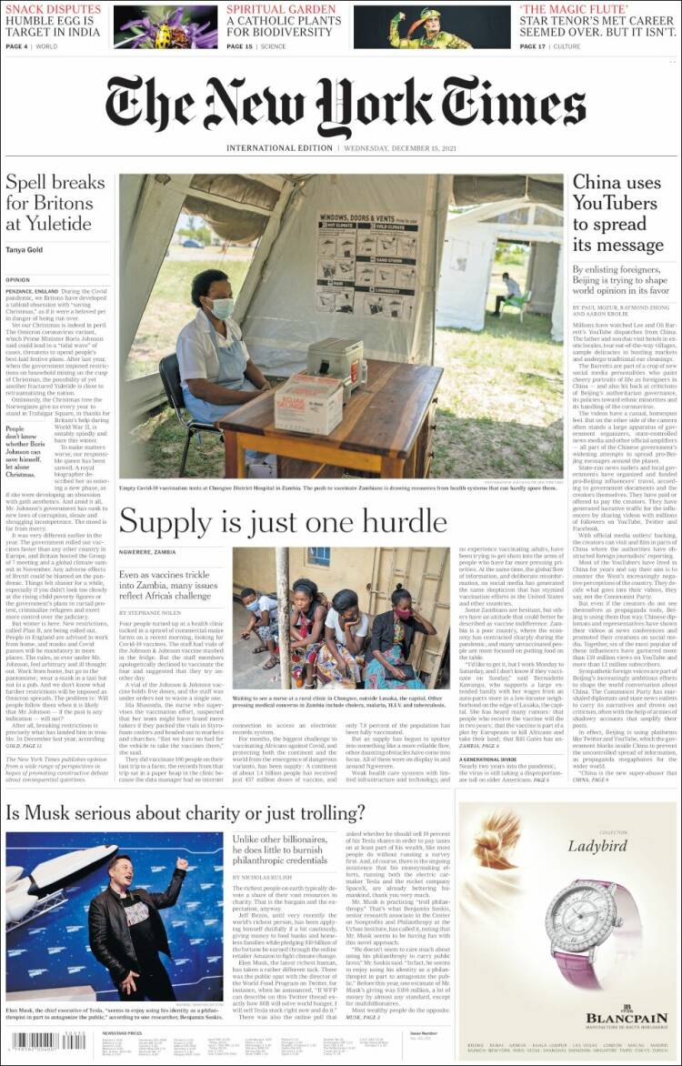 Portada de International New York Times (Europa)