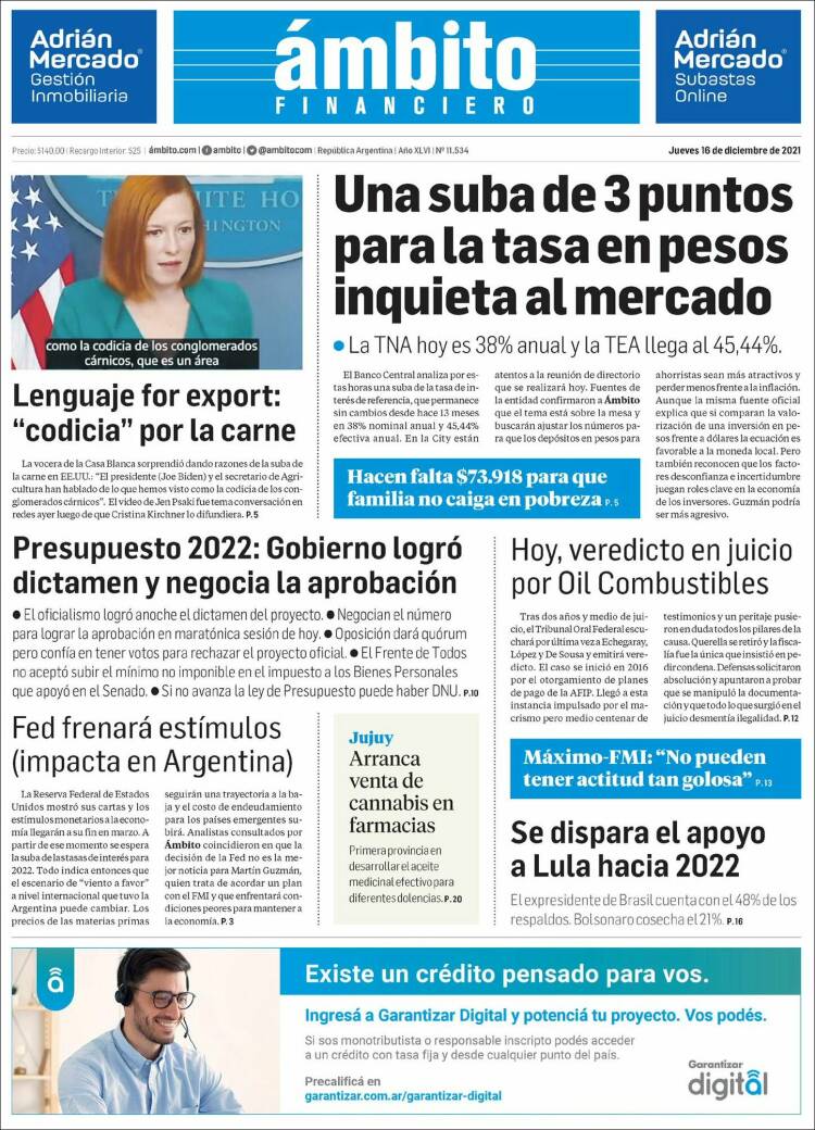 Portada de Diario Ambito Financiero (Argentina)