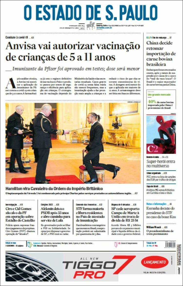 Portada de O Estado de São Paulo (Brasil)