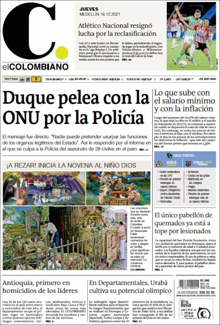 Portada de El Colombiano (Colombia)