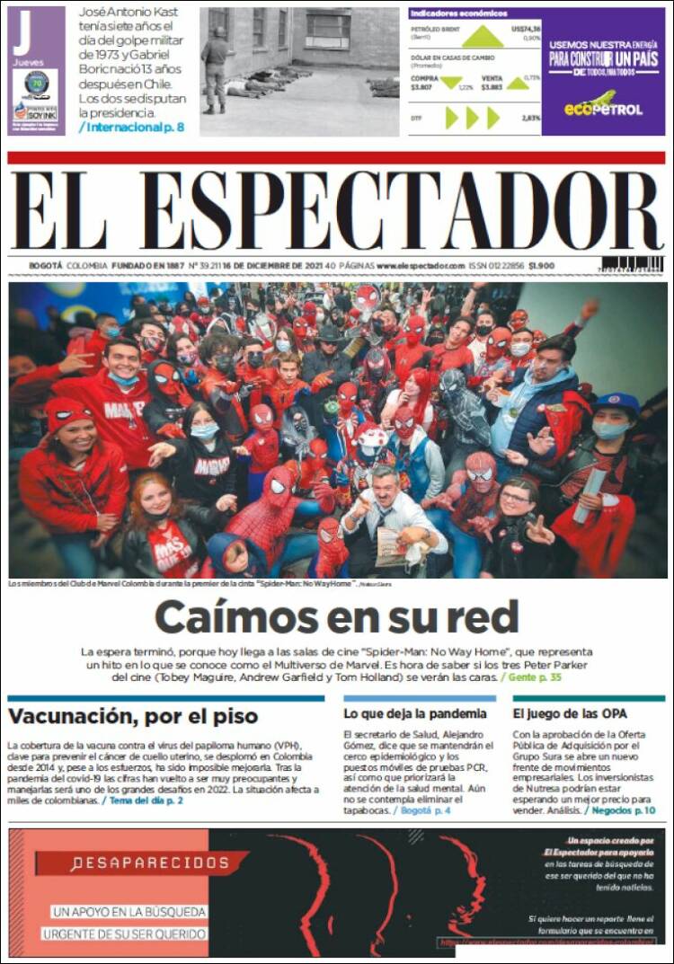 Portada de El Espectador (Colombia)