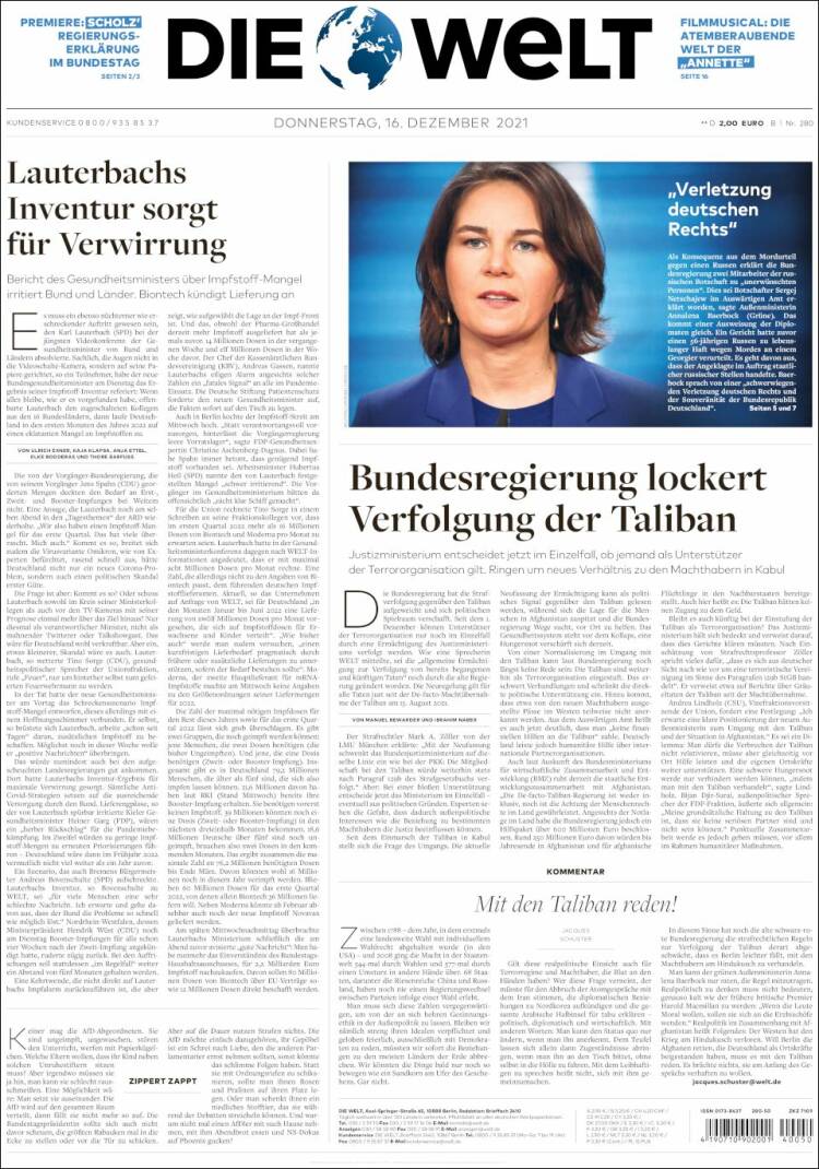 Portada de Die Welt (Alemania)