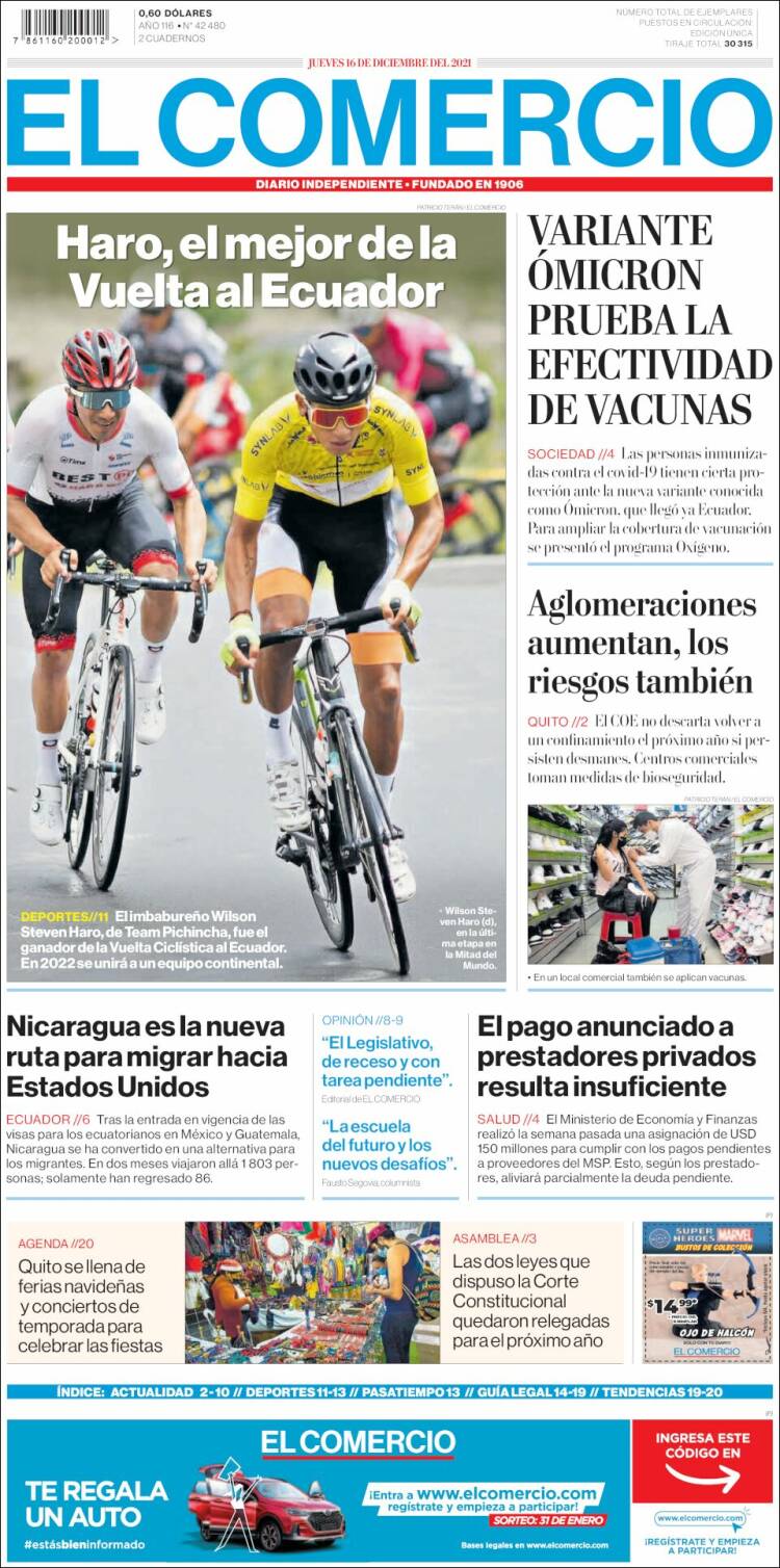 Portada de El Comercio (Ecuador)
