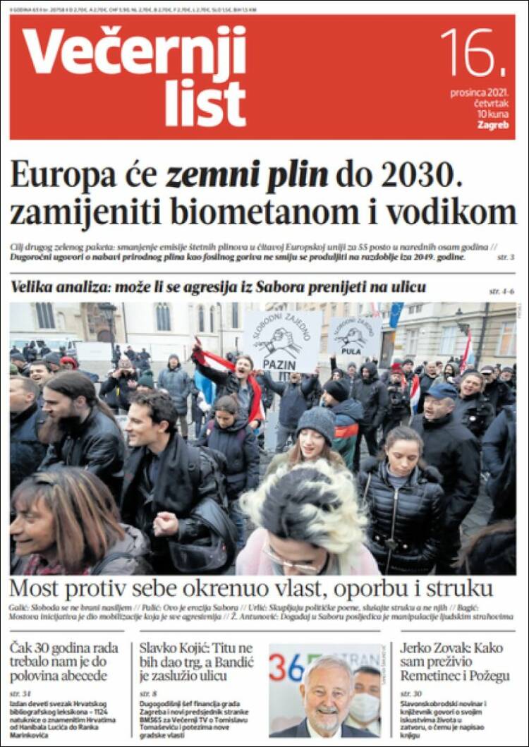 Portada de Večernji (Croacia)