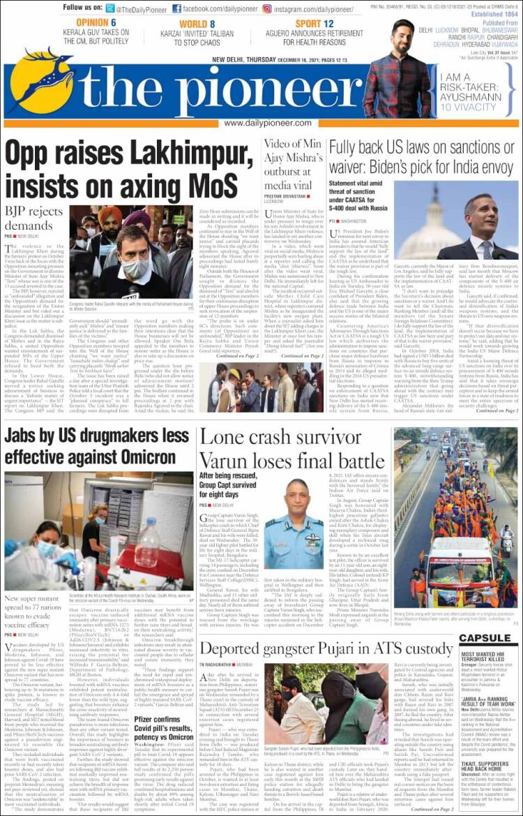 Portada de The Pioneer (India)