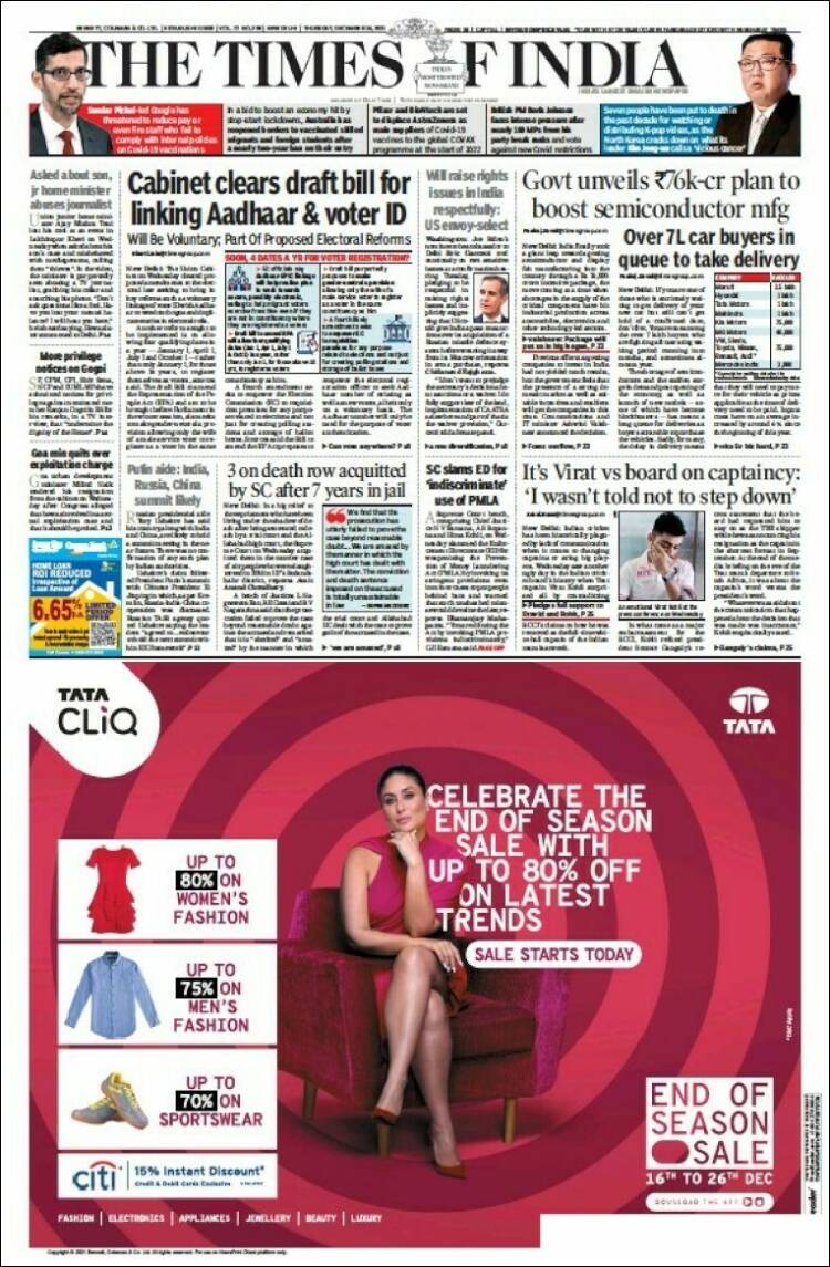Portada de The Times of India (India)