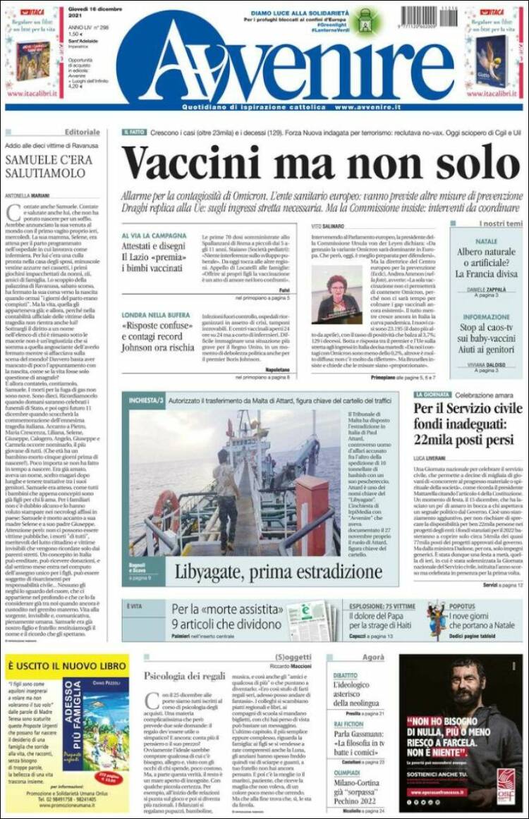 Portada de Avvenire (Italia)