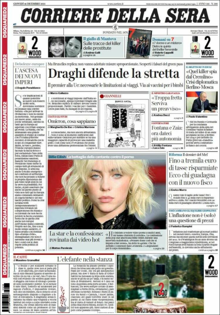 Portada de Corriere della Sera (Italia)