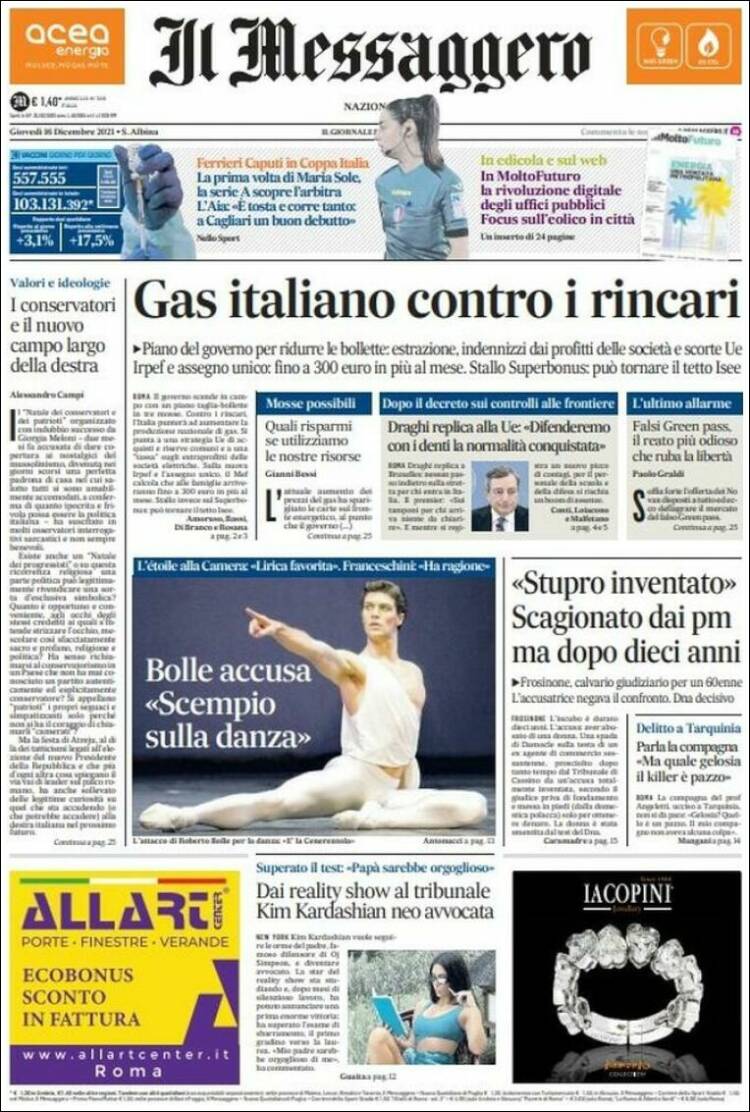 Portada de Il Messaggero (Italia)