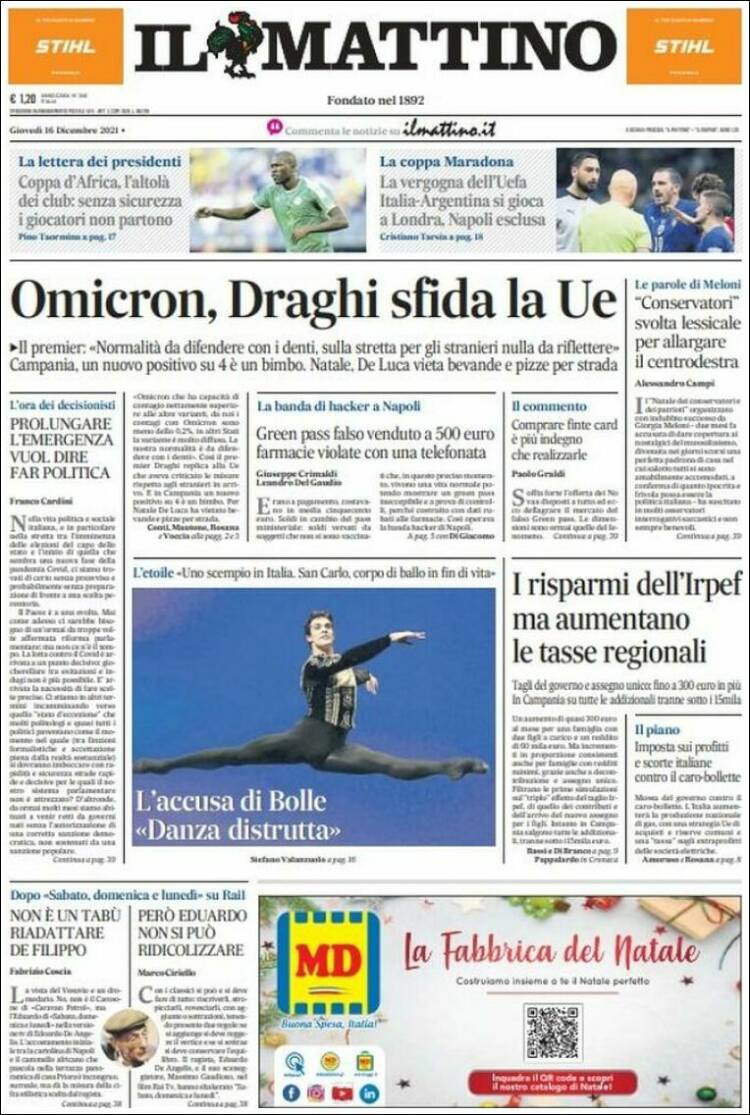 Portada de Il Mattino (Italia)