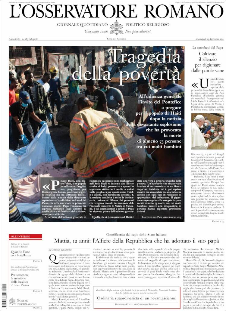 Portada de L'Osservatore Romano (Italia)