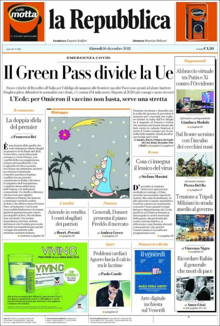 Portada de La Repubblica (Italia)