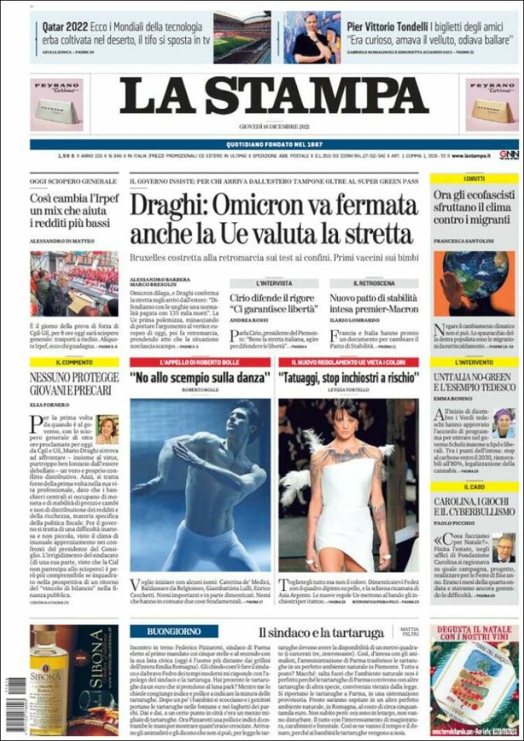 Portada de La Stampa (Italia)
