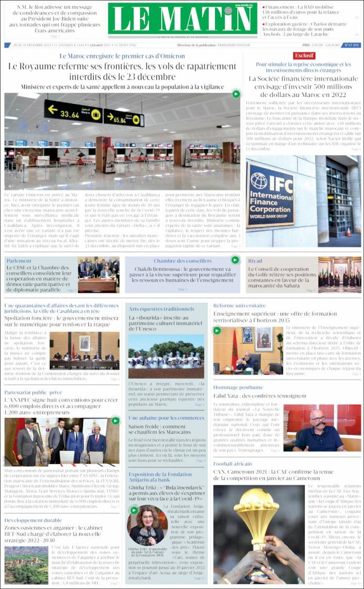 Portada de Le Matin (Marruecos)