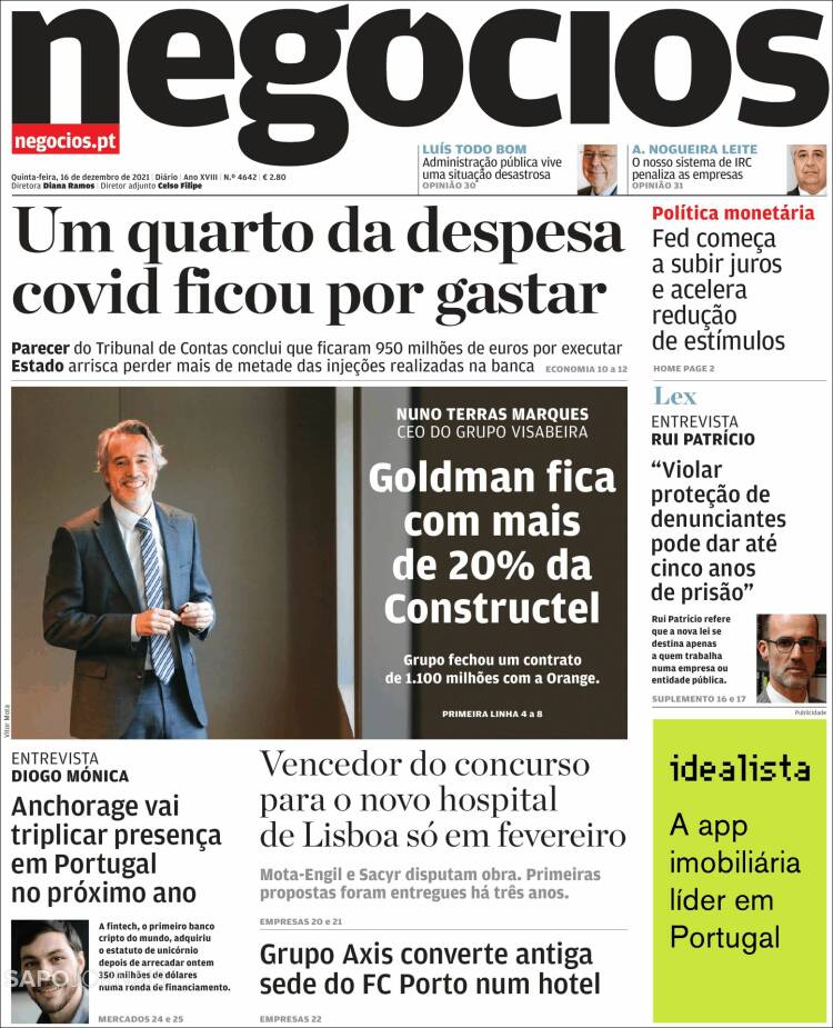 Portada de Jornal de Negócios (Portugal)