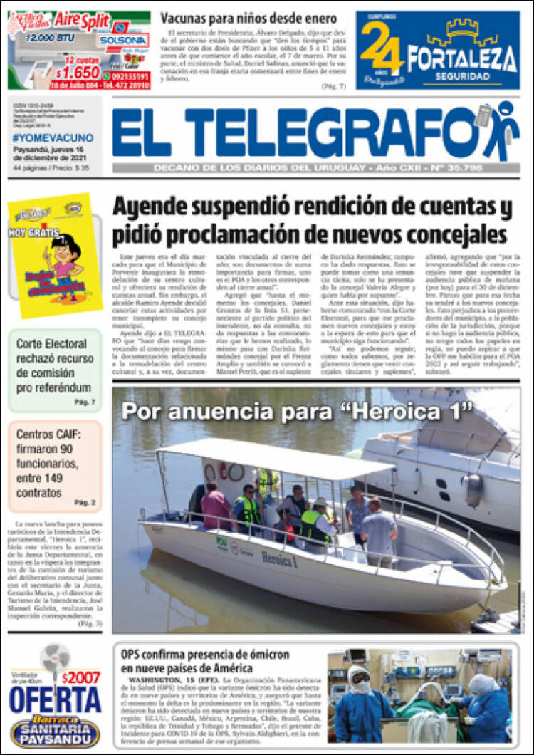 Portada de El Telégrafo (Uruguay)