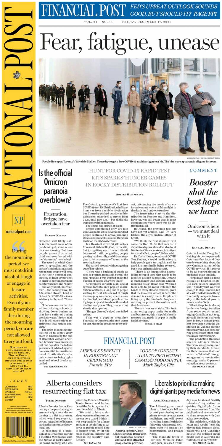 Portada de The National Post (Canadá)