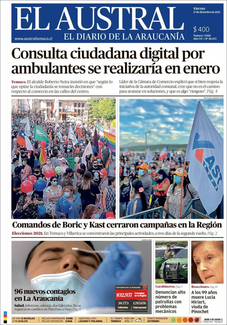 Portada de El Austral de Temuco (Chile)