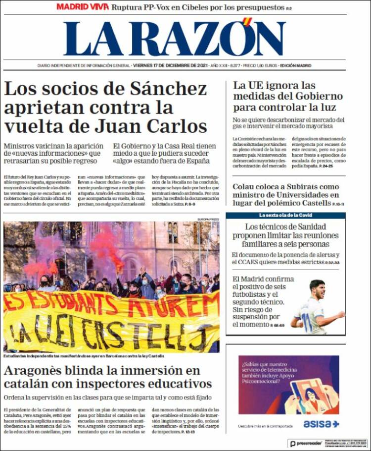 Portada de La Razón (Espa&ntilde;a)