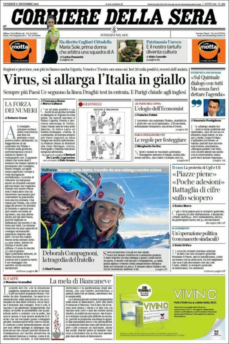 Portada de Corriere della Sera (Italia)