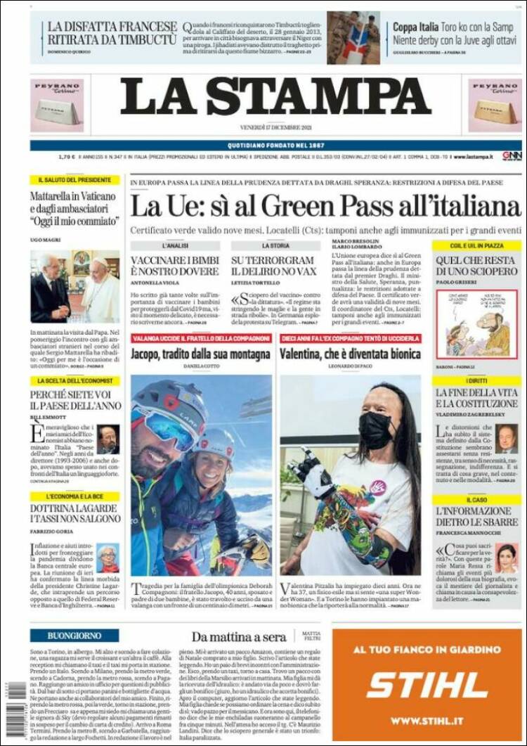 Portada de La Stampa (Italia)