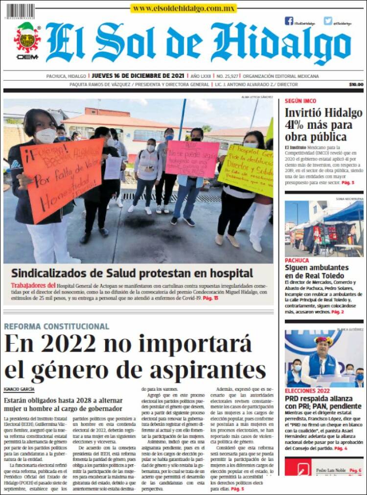 Portada de El Sol de Hidalgo (M&eacute;xico)