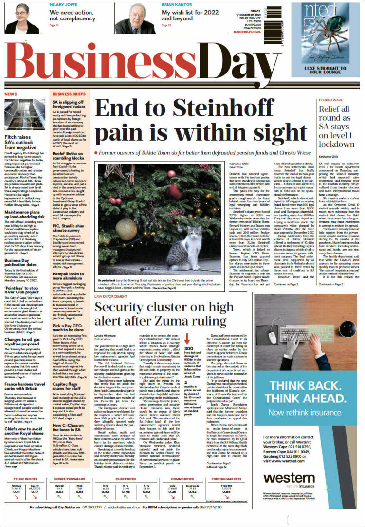 Portada de Business Day (Sud&aacute;frica)