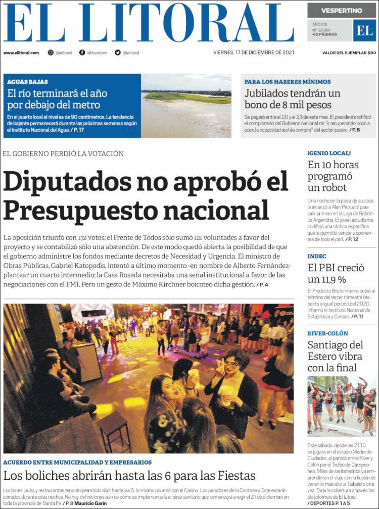 Portada de Diario El Litoral (Argentina)