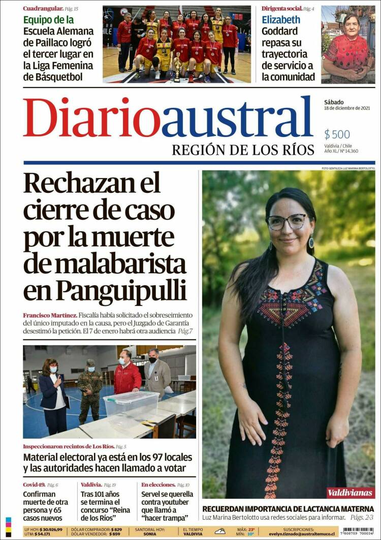 Portada de El Diario Austral de Valdivia (Chile)