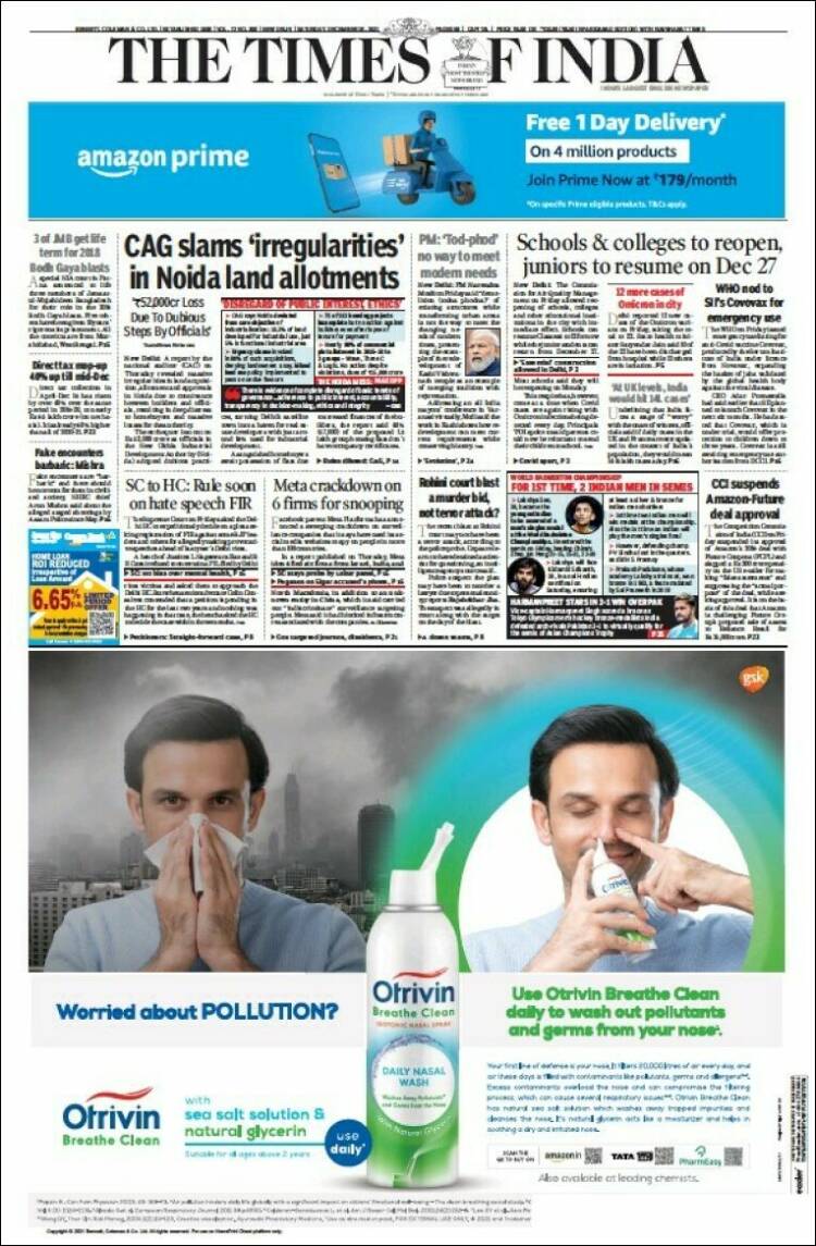 Portada de The Times of India (India)