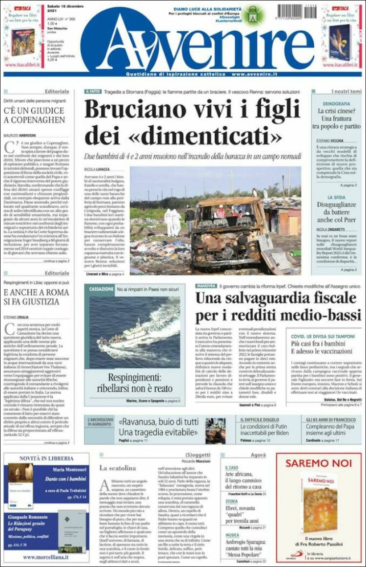 Portada de Avvenire (Italia)