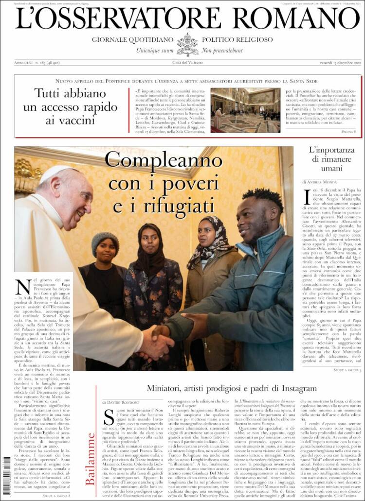 Portada de L'Osservatore Romano (Italia)