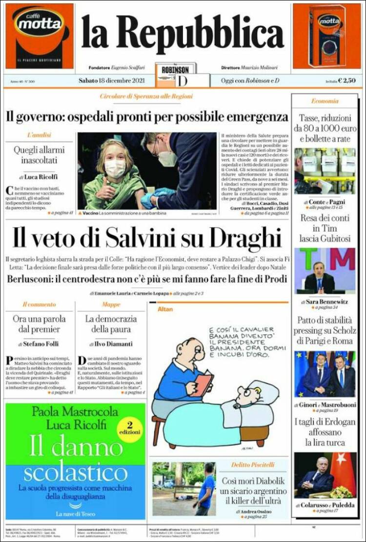 Portada de La Repubblica (Italia)
