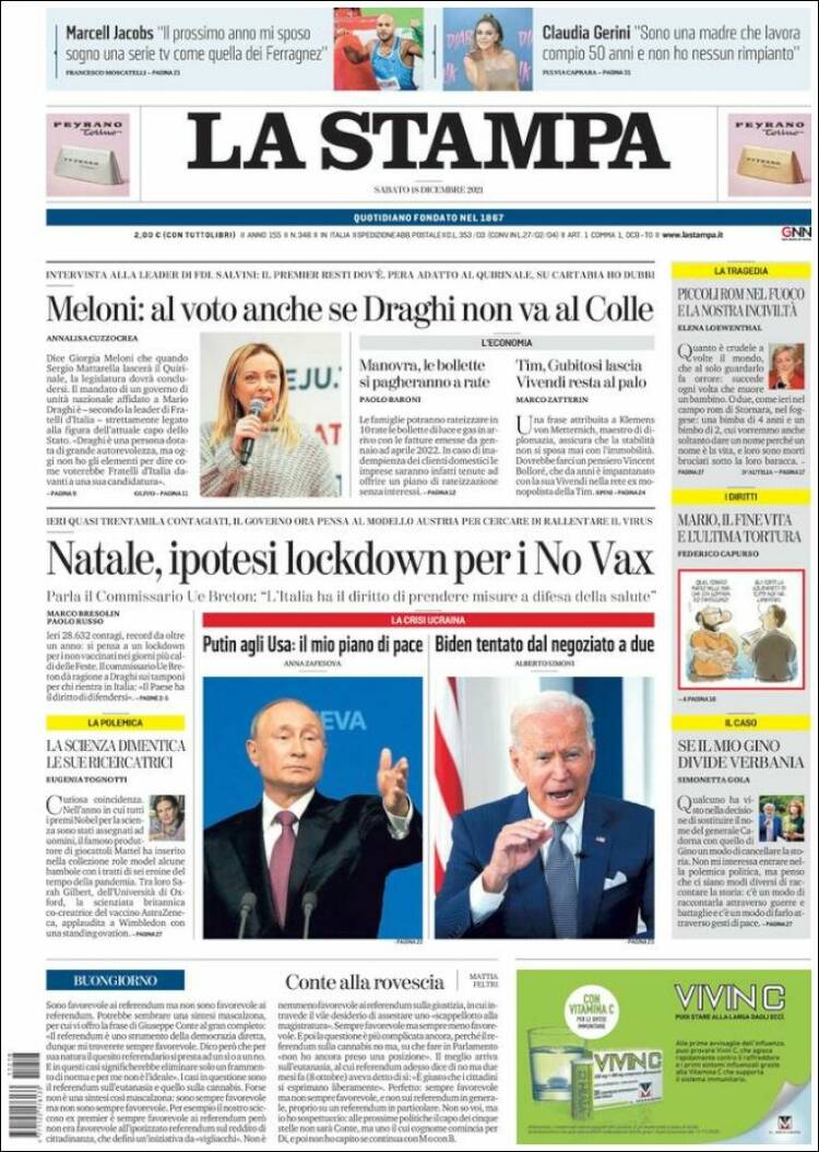 Portada de La Stampa (Italia)